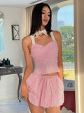 Vevesc  Fit Striped Print 2Piece Set Women Patchwork Button Hollow Backless Button Tops+Lace-Up Puffy Skirt Matching Sweet Suit