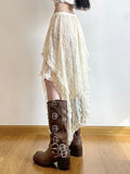 Vevesc Y2k Harajuku Vintage Skirts for Women High Waist Lace Ruffles Irregular Solid Color Skirt Summer All Match Design 2024 Clothing