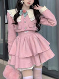 Vevesc Pink French Vintage Two Piece Set Women Japanese Kawaii Bow Sweet Dress Suit Female Autumn Korea Elegant Coat ＋ Cute Strap Dress