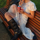 Vevesc White Lace Floral Dress Fairycore Sexy See-through Beach Vacation Dress Vintage Elegant Mesh Long Dresses Y2k Coquette