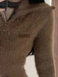 Vevesc Harajuku Fairy Knitted Grunge Sexy Hole Cardigan Streetwear Women's Fur Double Zippers Sweaters Y2k Aesthetic Solid Slim Coats