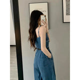 Vevesc Streetwear Denim Overalls Women Belt Wide Leg Jumpsuits Korean Suspender Pants High Waist Sleeveless Strap Jeans Trousers