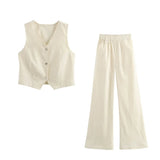 Vevesc  Summer New Women's All Cotton Casual Fashion Slim Fit V-neck Single breasted Vest&Wide Leg Pants Set