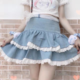 Vevesc Summer Fairycore Cake Skirt for Women Y2k E-Girl High Waist Lace A-line Skirts Harajuku Ruched Blue Faldas Mujer