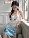 Vevesc Fashion Sweet Blue Print Skirt for Women Summer New All-match A-line Skirts Y2k High Waist Sim Fit Faldas Mujer