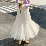 Vevesc  Spring Summer Women Skirts Solid Ruffles Mesh Korean Fashion Sweet Faldas Mujer A-line High Waist Chic Long Skirt