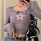 Vevesc Vintage Star Girl Y2k Crop Tshirt Women Korean Fashion Streetwear Harajuku T-shirts Long Sleeve Aesthetic Coquette Tops