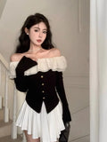 Vevesc Elegant Off Shoulder Ruffles Tops Mujer Early Autumn New T-shirt for Women Y2k E-Girl Slim Fit Long Sleeve Tee Shirt