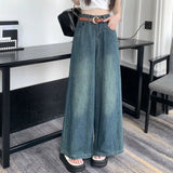 Vevesc Vintage Blue Wide Leg Jeans Women Y2K Spring New High Waist Loose with Belt Denim Trousers Female Korean All-Match Streetwear