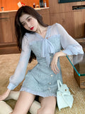 Vevesc New Spring Vintage Sexy See-through Chiffon Patchwork Tweed Mini Dress Women Ribbon Bow Single-breasted Long Sleeve Party Dress