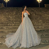 Vevesc Bling Bling Gray Long Evening Dresses With A Corset Bustier Sweetheart A-line Long Sparkle Formal Dress Maxi Gowns