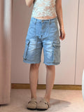 Vevesc Harajuku Vintage High Waist Blue Retro Washed Denim Shorts Women's Fashion Casual Loose Fit Y2K Streetwear Mid Long Short