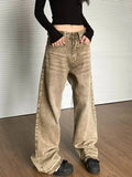 Vevesc Brown Women Jeans High Waist Fashion American Vintage Streetwear Y2K Wide Leg Jean Female Denim Trouser Baggy Denim Pants