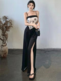 Vevesc Black Vintage Koream Fashion Two Piece Set Women Elegant Party Mini Pants Set Female Designer Tops + Casual Split Pants New
