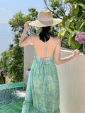 Vevesc Bohemian Dresses Woman Summer Green Strappy Sundress Female Fashion Casual Long Beach Sundress Chic Printed Boho Dress