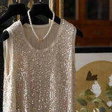 Vevesc  Sequins Sprig Summer T Shirt for Women Solid Sleeveless Korean Fashion Ropa De Mujer Basics Casual Elegant Tank Tops