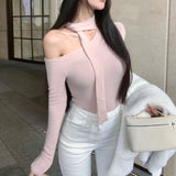 Vevesc Skew Collar Strapless Lace Up Sexy Slim Long-sleeved T-shirt Women 2024 Spring New Streetwear Solid Color Casual Asymmetric Tops