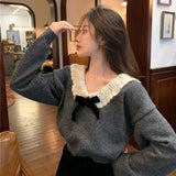 Vevesc Korean Style Sweaters Women Kawaii Sweet Elegant Knited Pullovers Grey Bow Vintage Patchwork Autumn Winter Sweaters