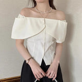 Vevesc Elegant Cropped White Shirts Women Korean Fashion Sexy Slash Neck Blouses Summer Office Ladies Ruffles Short Sleeve Tops