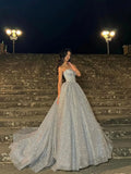 Vevesc Bling Bling Gray Long Evening Dresses With A Corset Bustier Sweetheart A-line Long Sparkle Formal Dress Maxi Gowns