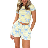 Vevesc  Floral/Bow Print Lounge Outfit Short Sleeve T-Shirt Tops + Elastic Waist Shorts Women Casual 2 Piece Set Sweet Cute Streetwear