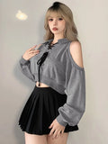 Vevesc Y2K Vintage Gray Cropped Hoodies Women Harajuku Sexy Off Shoulder Sweatshirts Korean Loose Casual Chic Tops Gothic Kpop