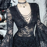 Vevesc Gothic Autumn New Halloween& Party Dark Wind Temperament Lace V-Neck Bead Chain Top Women