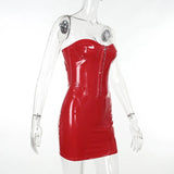 Vevesc Strapless Bodycon Mini Dresses For Women Latex Leather Corset Red Dress Y2K Clothing Sexy Night Club Outfits