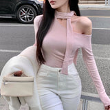 Vevesc Skew Collar Strapless Lace Up Sexy Slim Long-sleeved T-shirt Women 2024 Spring New Streetwear Solid Color Casual Asymmetric Tops