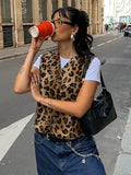 Vevesc Leopard Print Pin Vest For Women V-Neck Sleeveless Fashion Hot Girl Cardigan Top Female Autumn New Slim Fit Short Vest