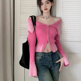 Vevesc Korean Persoanlity Turn Down Collar Sexy Off The Shoulder Sweaters Y2k Streetwear Popular Zipper Slim Clothing Aesthetic Jumpers