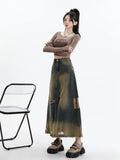 Vevesc Women Denim Skirt Y2k Emo 2000s Clothes Long Skirt Harajuku Korean 90s Fashion Vintage Gradient A-line Jean Skirt Grunge Clothes