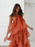 Vevesc  Cascading Ruffle Dress Women Sexy Backless Sleeveless Halter Long Female Beach Dresses 2025 Summer Holidays Beach Lady Robes