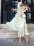 Vevesc Korean Fashion Green Cute Strap Dress Women Sweet Elegant Party Midi Dress Female Chiffon France Boho Beach Dress Summer