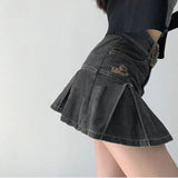 Vevesc  Denim Pleated Mini Skirt Vintage Sexy High Waist A-line Belt Women Embroidery Jean Short Skirt Summer Japanese Y2k