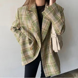 Vevesc Women Vintage Plaid Blazer Coats Fashion Loose Streetwear Double Breasted Lapel Outerwear Korean Long Sleeve Casual Jacket