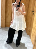 Vevesc Simple Fresh White Lace Camisole Dress for Women Y2k Mid-length Loose Dresses 2024 Summer New Sleeveless Vestidos Mujer