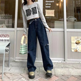 Vevesc Hot Girl  High Waist Baggy Jeans Woman Hole Vintage Streetwear Hip-hop Stylish Wide Leg Trouser Female Daily All-match Trendy