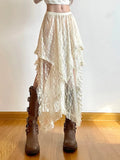 Vevesc Y2k Harajuku Vintage Skirts for Women High Waist Lace Ruffles Irregular Solid Color Skirt Summer All Match Design 2024 Clothing