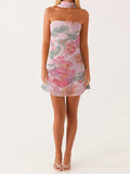 Vevesc  Women Sexy V-Neck Lace Bodycon Dress Sleeveless Backless Floral Print  Fit Party Mini Dress with Belt
