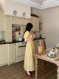 Vevesc  Floral dress women's summer new style retro romantic waist cinching slimming bubble sleeves tea break skirt long skirt