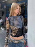 Vevesc Y2k Aesthetic Gauze Patchwork Vitage Plaid T-shirts Grunge Fairy See Through Crop Tops Women Harajuku Slim Fit Streetwear Tees