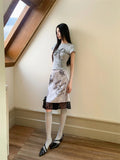 Vevesc  Graffiti Velvet Lace Hem Knee Length Skirt For Woman High Waist A Line Purple Skirt Summer Clothes 2025