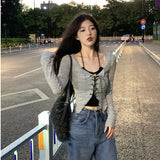 Vevesc Korean Two Piece Suit Suspender Cardigan Women's Autumn Sexy V-neck Slim Y2K Crop Long Sleeve Cross Bandage Knit Tops