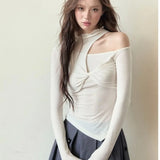 Vevesc Chic Design Asymmetical O Neck Hollow Out Tops Front Cross Draped Office Lady French Shirts Y2k Harajuku American Punk Clothes