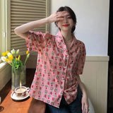 Vevesc Vintage Shirts Women Sweet Elegant Floral Print Blouses Summer Retro Streetwear Harajuku Korean Loose Casual Cardigan Tops New