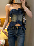 Vevesc  Sexy Gyaru Denim Tanks Halter Ruffles Patchwork Solid Color Pleated Irregular Sleeveless Tops Female Slim Summer Women Clothing