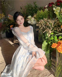 Vevesc Spring and Summer Square Collar Blue Elegant French Retro Long-sleeved Princess Prom Dress Bohemian Temperament Floral Dresses