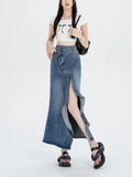 Vevesc Women Blue Gothic A-line Long Denim Skirt Vintage Y2k Skirt Harajuku Korean Fashion A-line Jean Skirts Emo 2000s Trashy Clothes