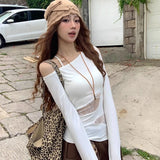 Vevesc Harajuku Sexy Lace Patchwork See Through T-Shirts Women Slim Fit Y2k Aesthetic Tees Skew Collar Vintage Grunge Bottoming Tshirts